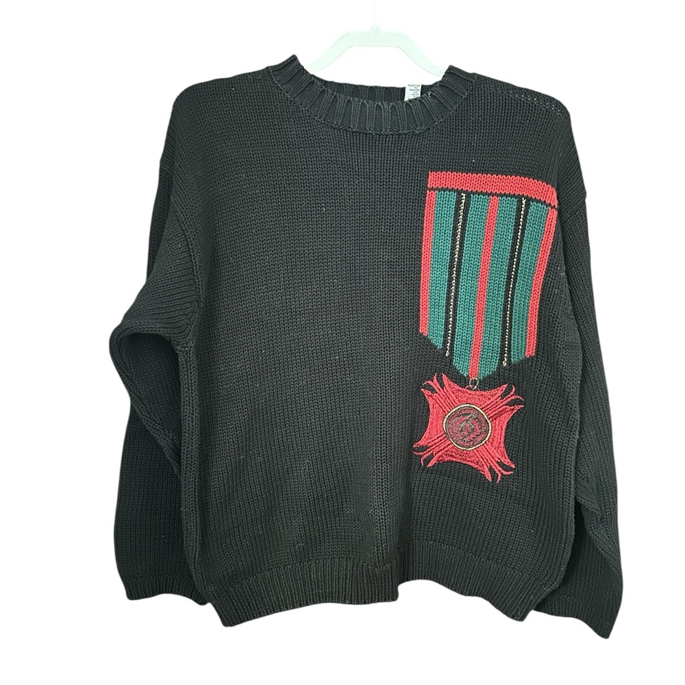 Vintage Y2K ESPRIT Military Style Medal Print Cotton Sweater S